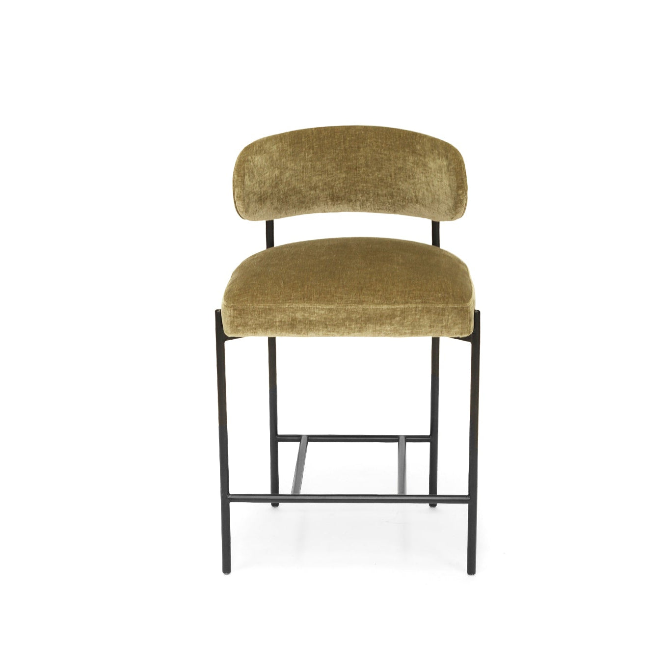 Fontaine Counter Stool with half-moon curved back and metal legs, upholstered in performance velvet in ivy, modern Art Deco inspired counter stool for elegant interiors. Front view.