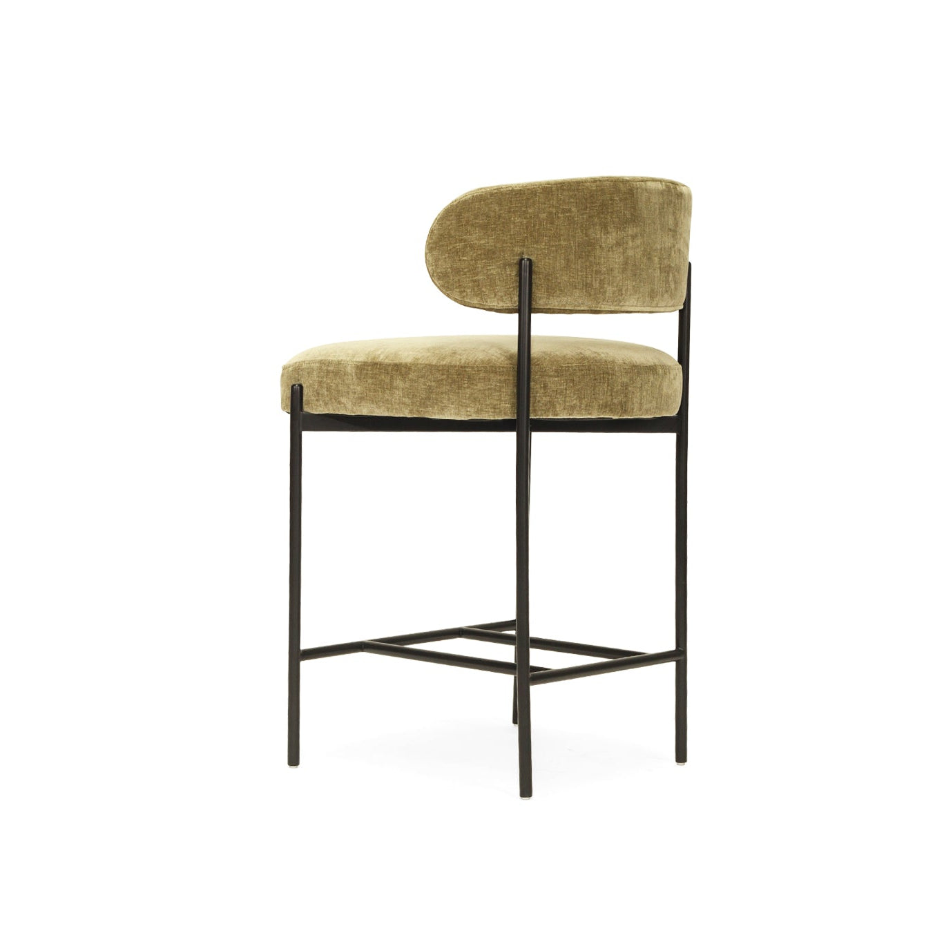 Fontaine Counter Stool with half-moon curved back and metal legs, upholstered in performance velvet in ivy, modern Art Deco inspired counter stool for elegant interiors. Back view.