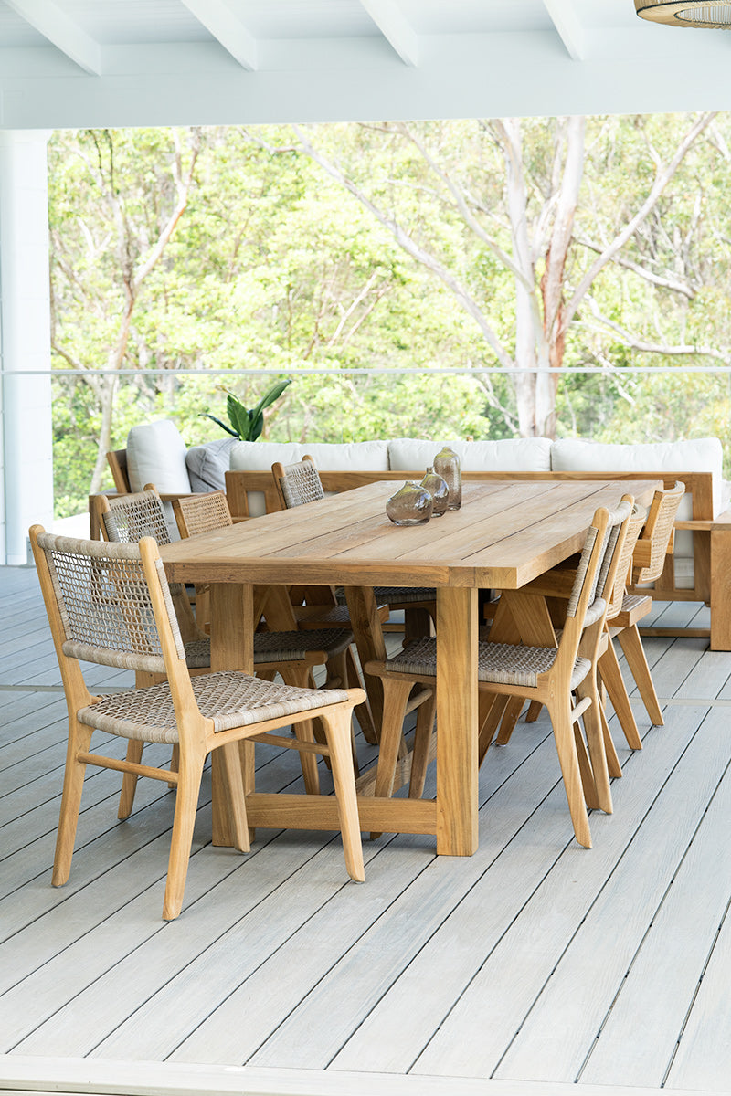 Gather 2.3 m reclaimed teak dining table styled in a covered alfresco dining area