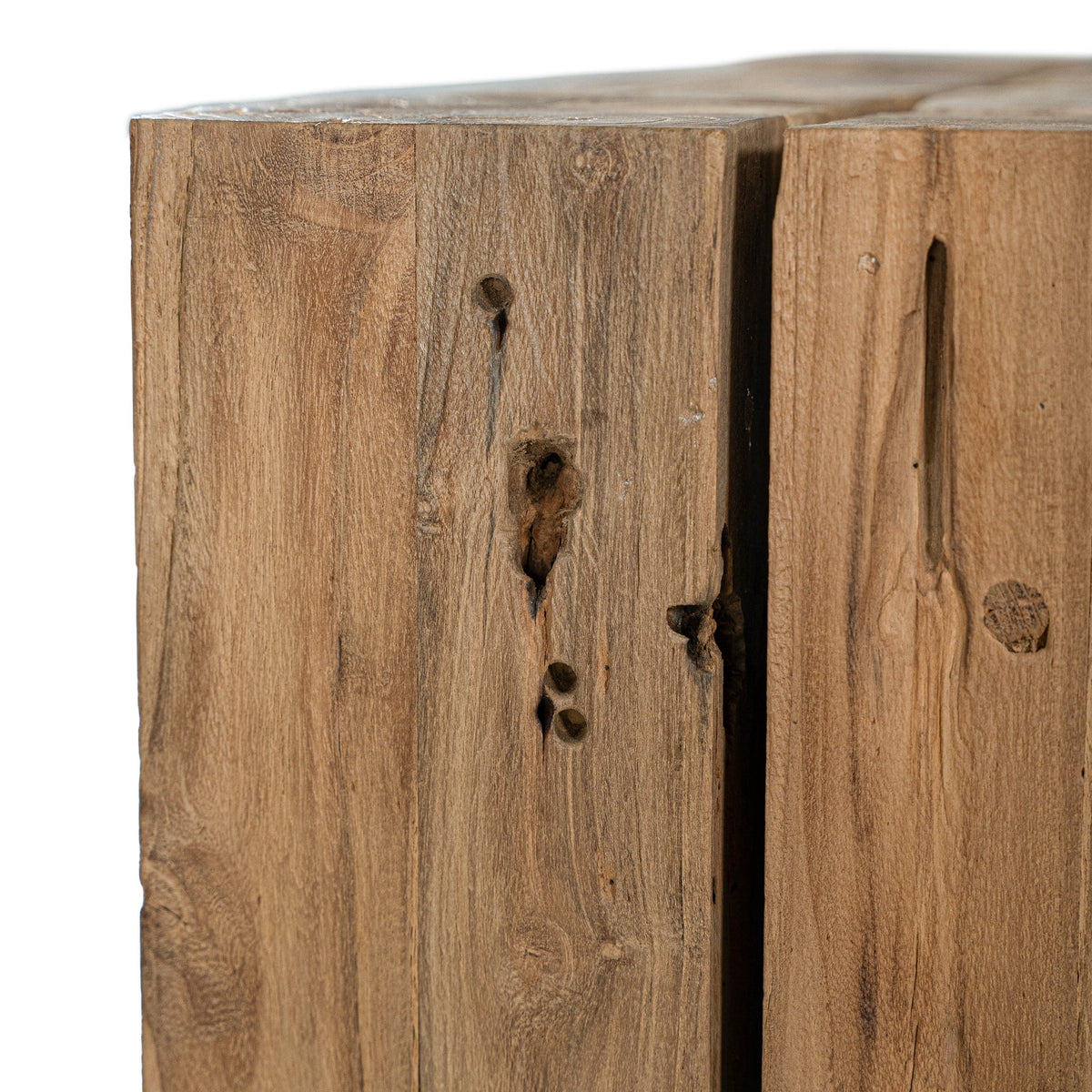 Close-up of knots and aged markings in the Hamali reclaimed teak coffee table