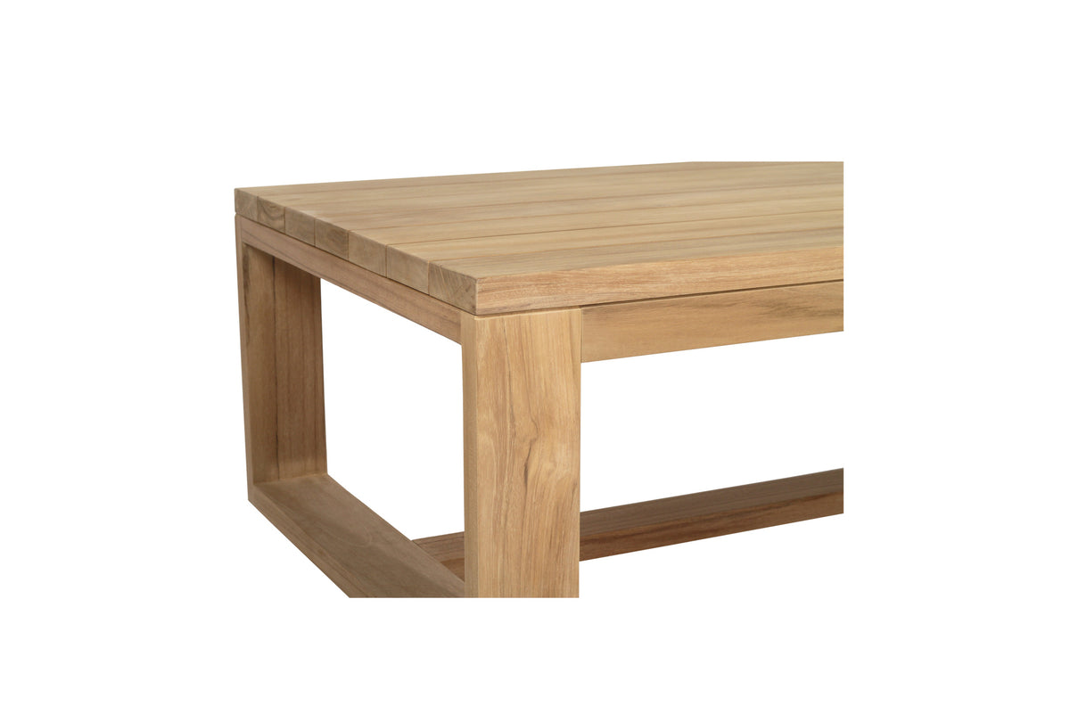 Harbour Island high teak outdoor coffee table, close-up of the teak leg and open base