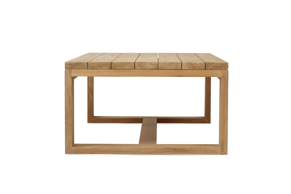 Harbour Island high teak outdoor coffee table, end view of the slatted top and rectangular open base