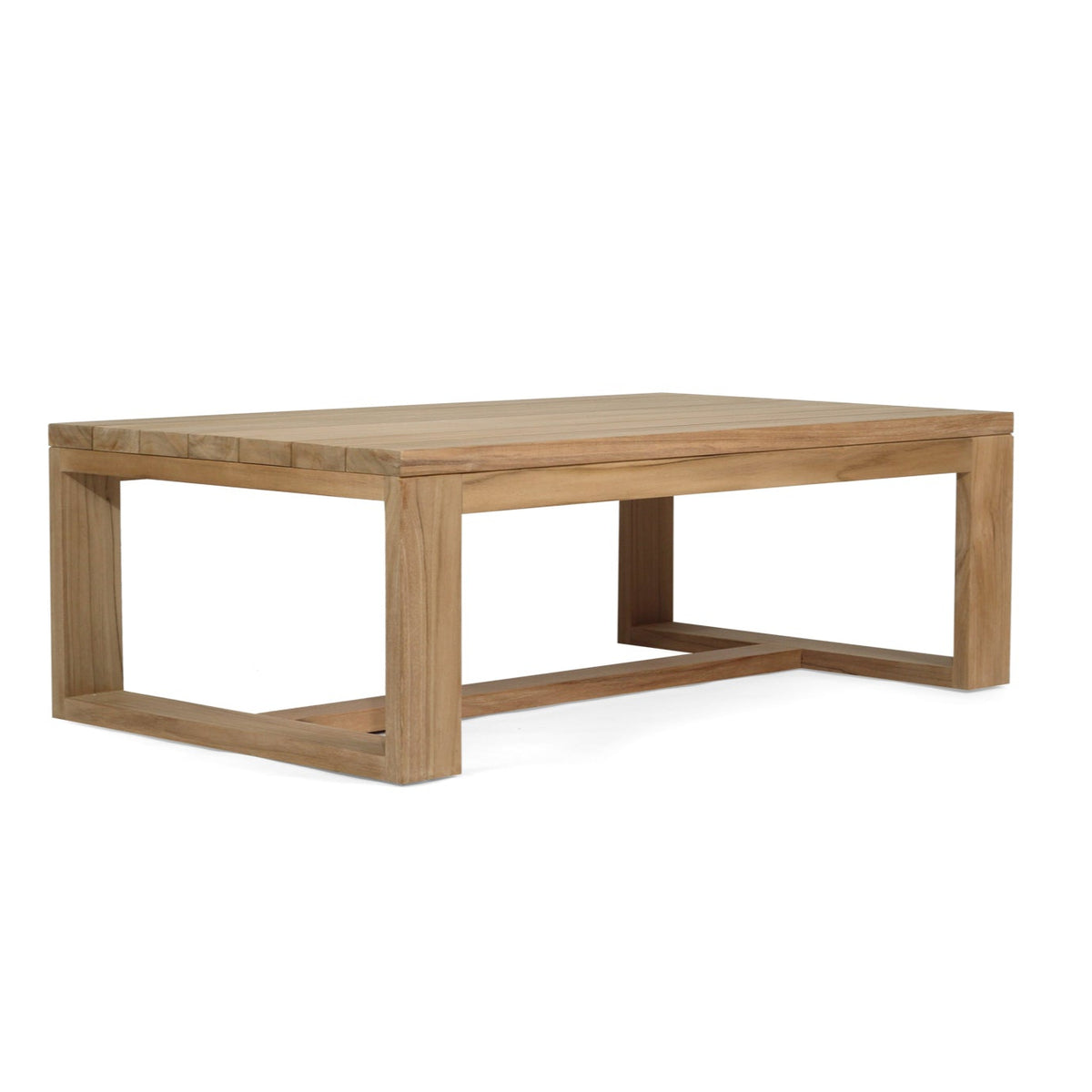 Harbour Island high teak outdoor coffee table, front angle showing the taller open teak base