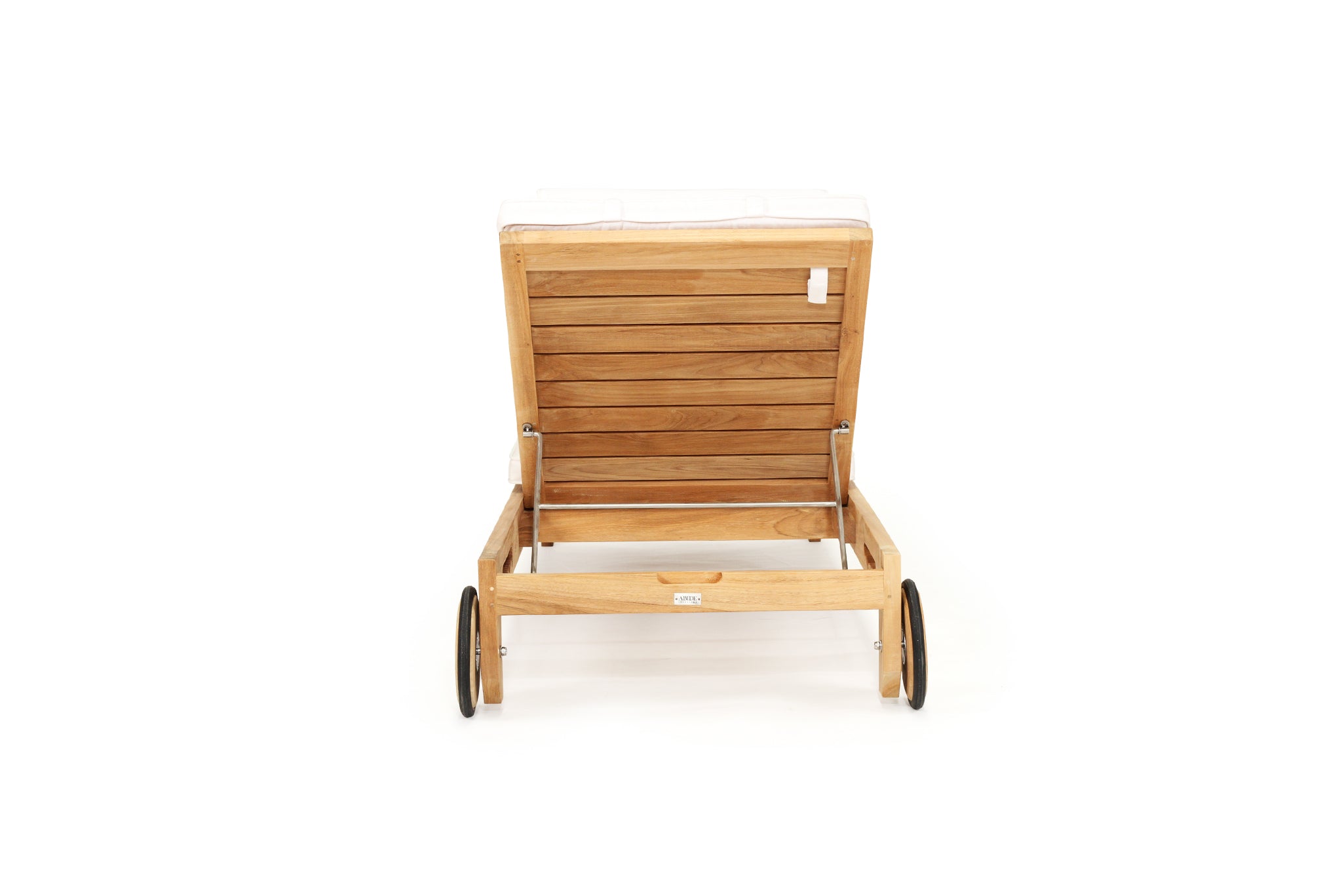 Harbour Island Slim Outdoor Sunlounger in Grade A teak with white Sunbrella cushion, adjustable backrest and wheels, coastal outdoor furniture for poolside or garden relaxation. Back perspective.