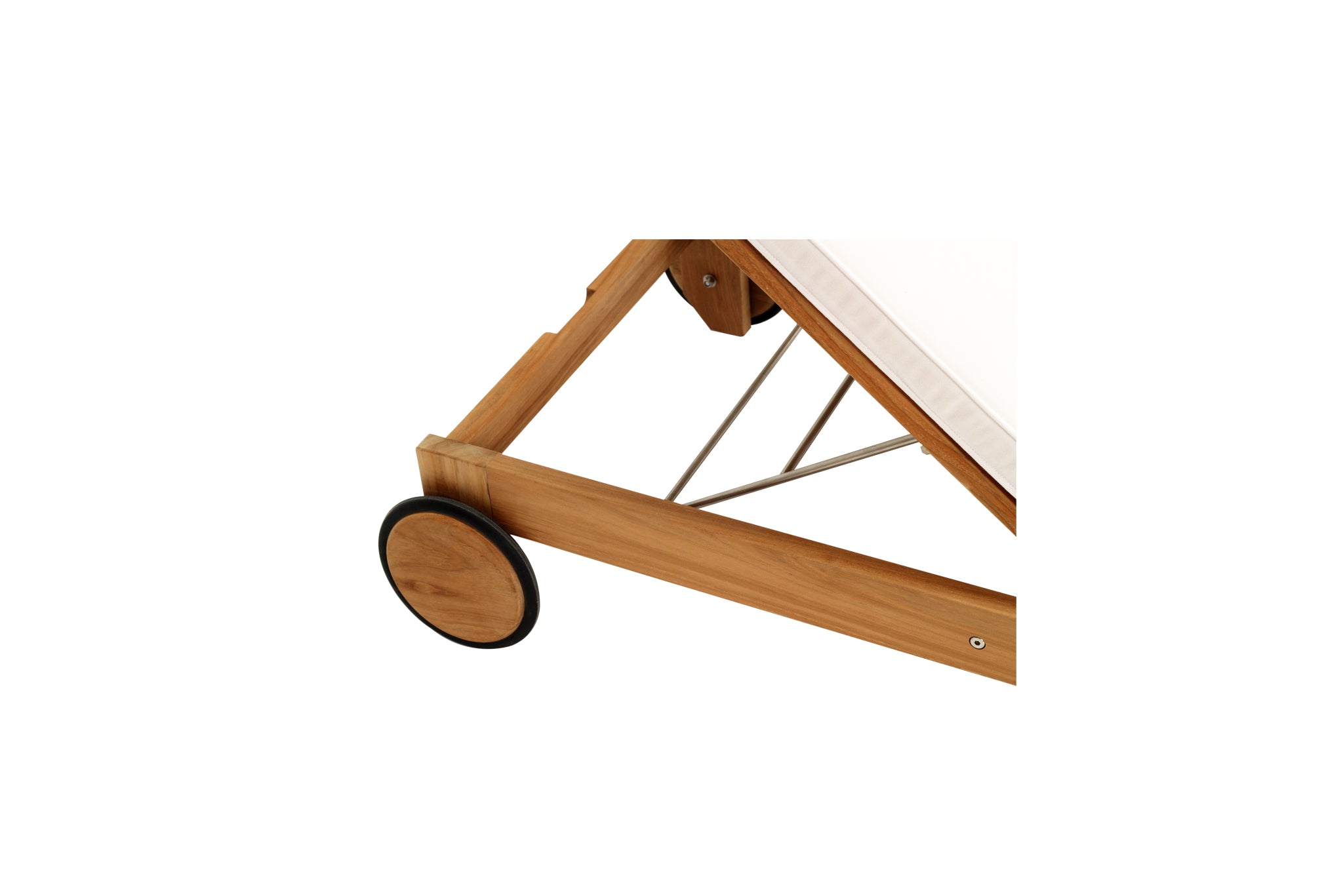 Harbour Island Slim Outdoor Sunlounger in Grade A teak with white Sunbrella cushion, adjustable backrest and wheels, coastal outdoor furniture for poolside or garden relaxation. Close up 2.