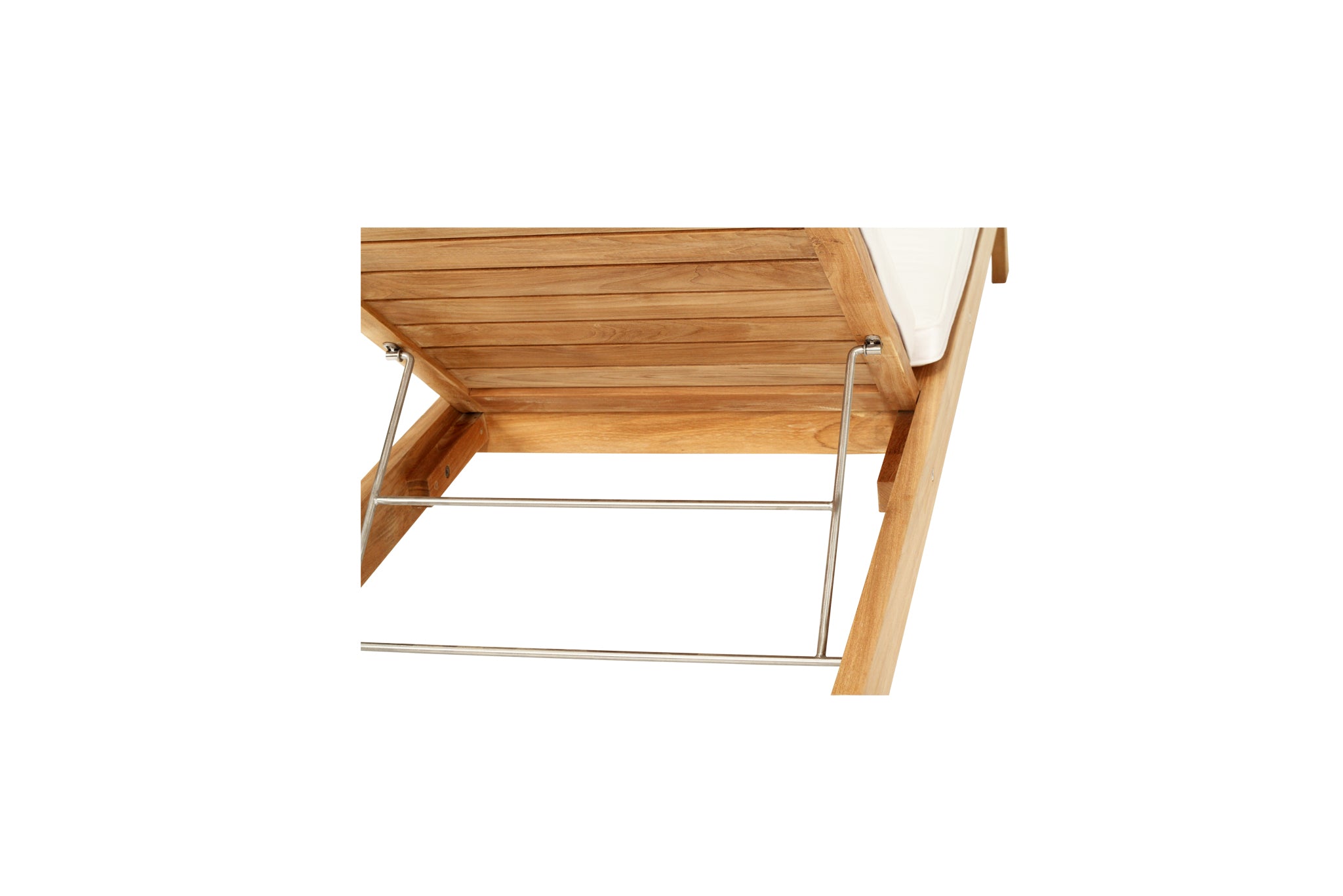 Harbour Island Slim Outdoor Sunlounger in Grade A teak with white Sunbrella cushion, adjustable backrest and wheels, coastal outdoor furniture for poolside or garden relaxation. Close up.