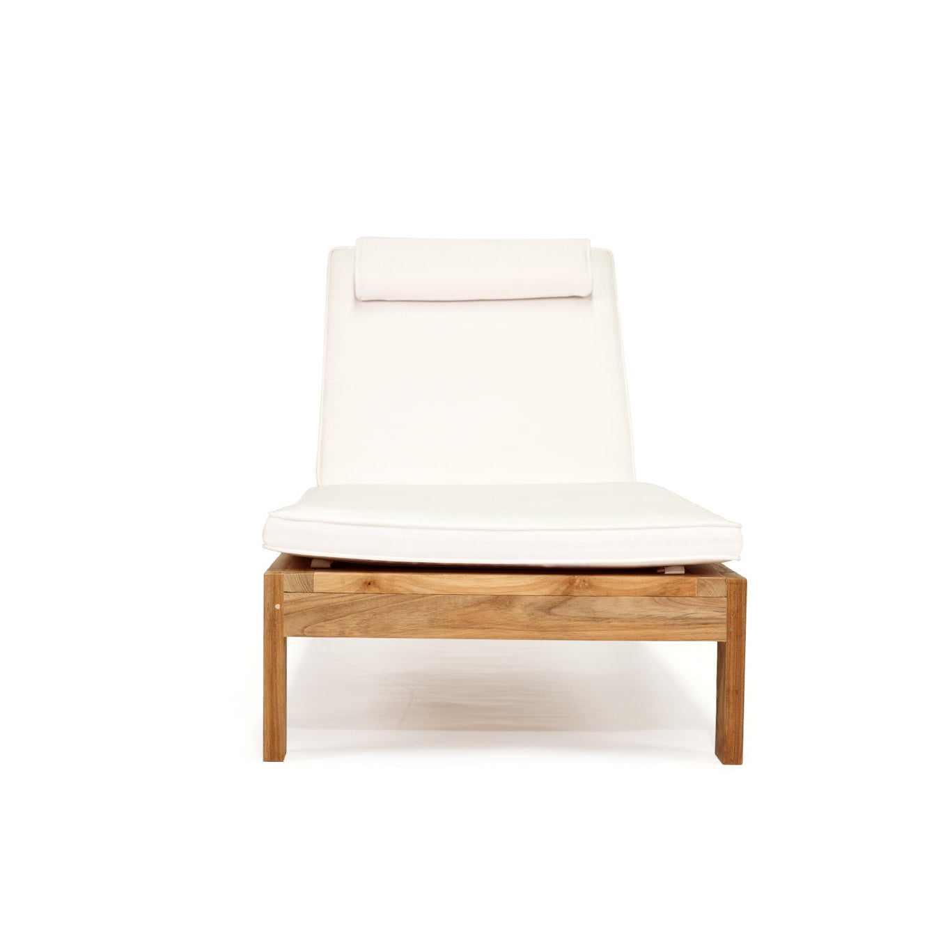 Harbour Island Slim Outdoor Sunlounger in Grade A teak with white Sunbrella cushion, adjustable backrest and wheels, coastal outdoor furniture for poolside or garden relaxation. Front perspective.