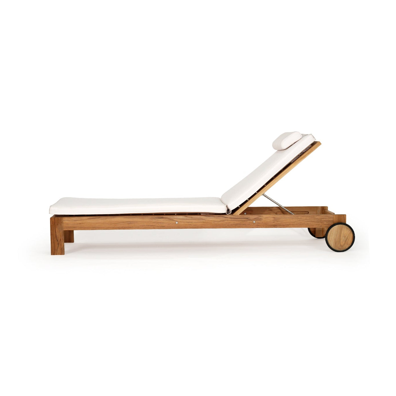 Harbour Island Slim Outdoor Sunlounger in Grade A teak with white Sunbrella cushion, adjustable backrest and wheels, coastal outdoor furniture for poolside or garden relaxation. Side perspective.