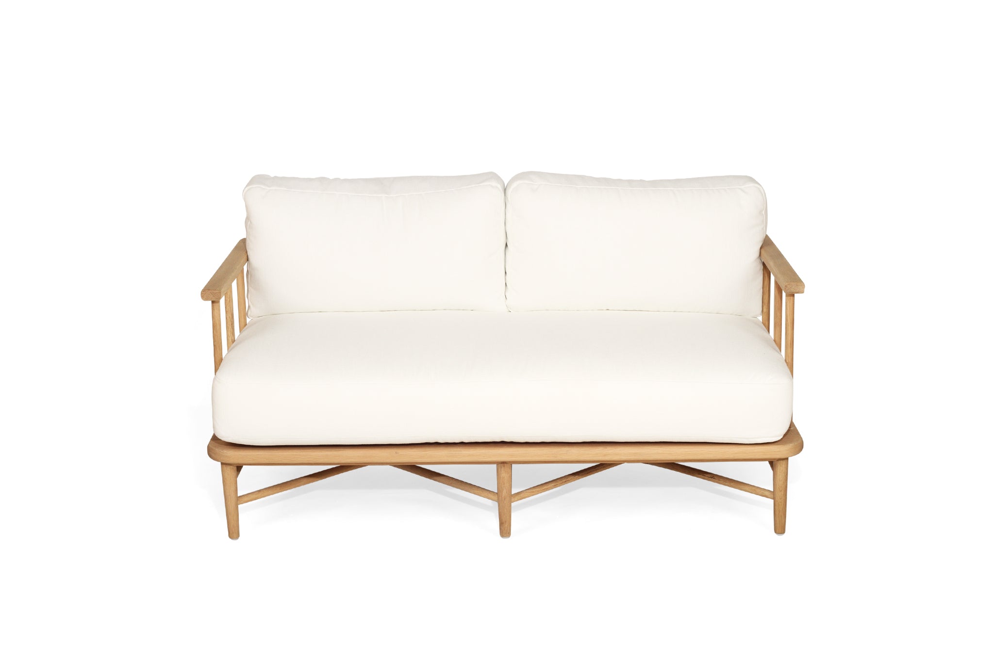 The Harbour Island Two Seater Sofa with light timber frame and white cushions – coastal luxe design perfect for relaxed interiors - front view