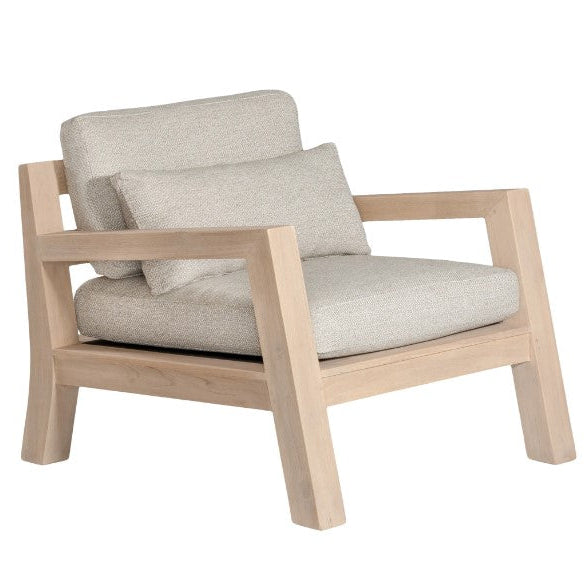 Harper one seater outdoor sofa in luxury natural Olefin fabric with reclaimed aged teak frame by Uniqwa Collections-side angle