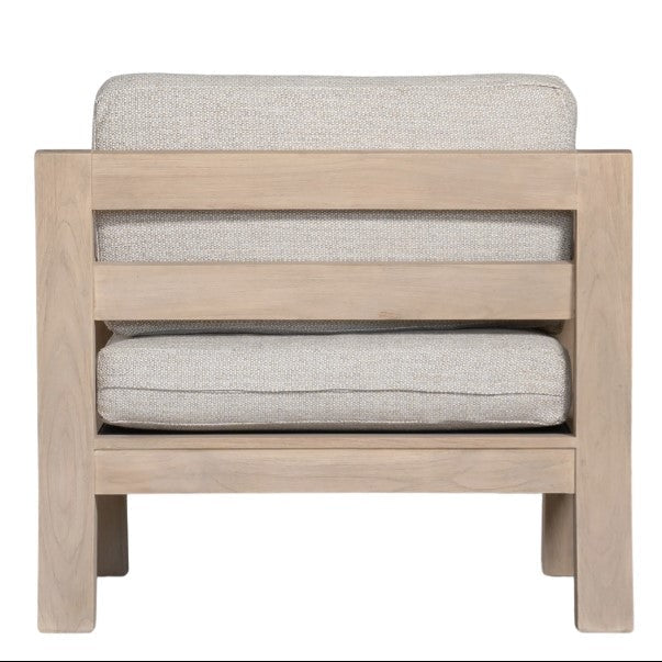 Harper one seater outdoor sofa in luxury natural Olefin fabric with reclaimed aged teak frame by Uniqwa Collections-back