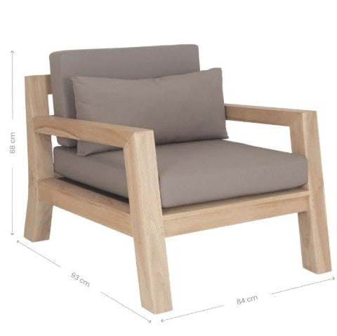 Harper one seater outdoor sofa in taupe Olefin fabric with reclaimed aged teak frame by Uniqwa Collections-dimensions