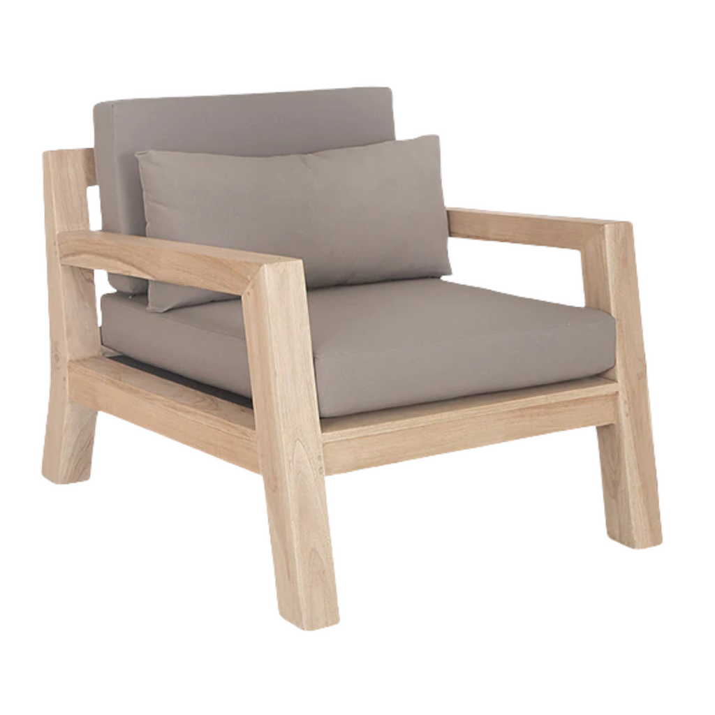 Harper one seater outdoor sofa in taupe Olefin fabric with reclaimed aged teak frame by Uniqwa Collections