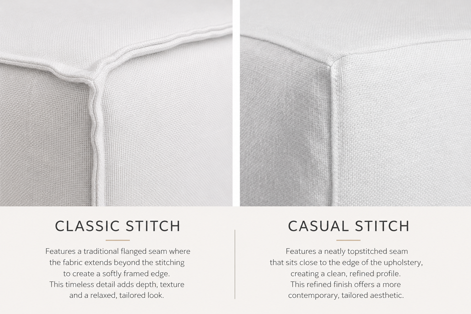 Comparison of the Hendrix Modular Sofa Collection by Uniqwa Collections showing the Classic Stitch flanged seam and Casual Stitch topstitched seam on premium removable linen slipcovers, highlighting the two tailoring finishes available.
