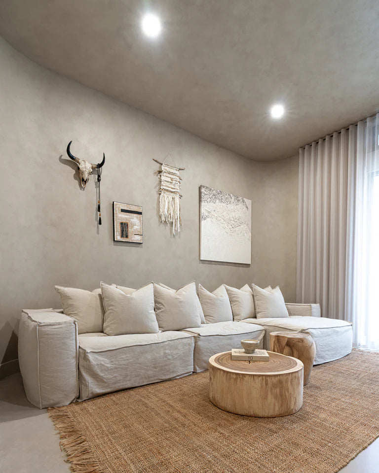 Hendrix modular sofa suite, with feather cushioning and removable slipcover, timber frame modern coastal sofa with scatter cushions, available in multiple colours. Coastal Luxe Interior.