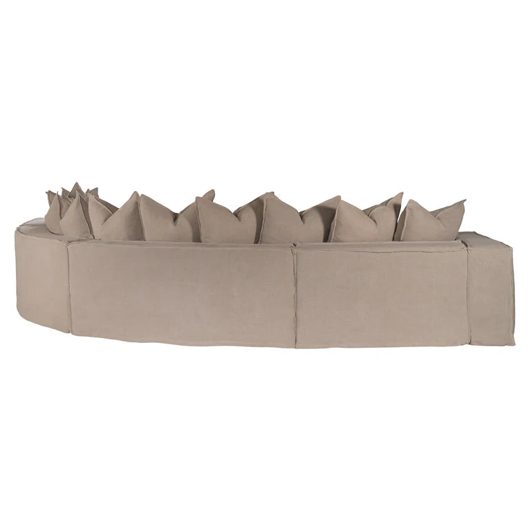 Uniqwa Hendrix Modular Sofa with curve section, with feather cushioning and removable slipcover, timber frame modern coastal sofa with scatter cushions, available in multiple colours. Full layout - back view.