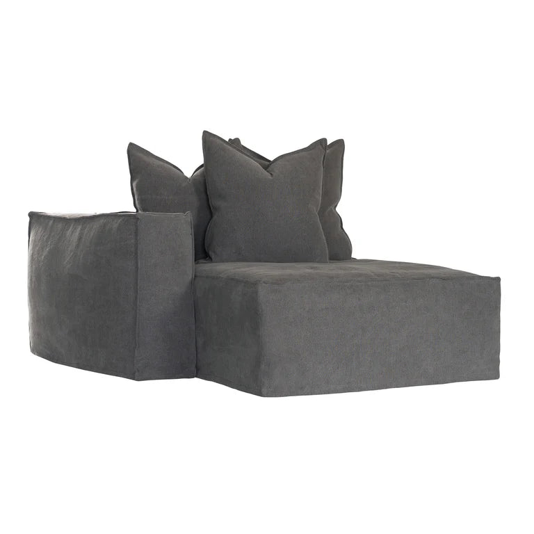 Hendrix Sofa Chaise with left hand arm in charcoal, with feather cushioning and removable slipcover, timber frame modern coastal sofa with scatter cushions, available in multiple colours