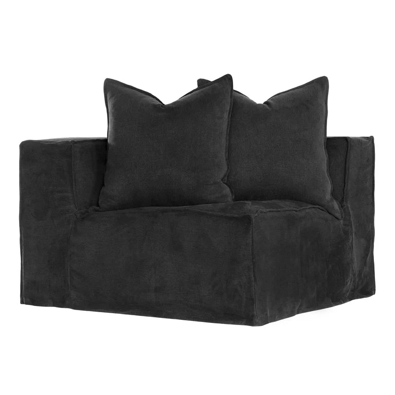 Hendrix Sofa corner section in black, with feather cushioning and removable slipcover, timber frame modern coastal sofa with scatter cushions, available in multiple colours.