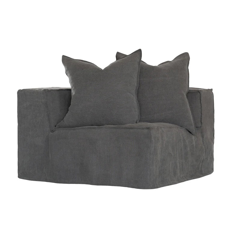 Hendrix Sofa corner section in charcoal, with feather cushioning and removable slipcover, timber frame modern coastal sofa with scatter cushions, available in multiple colours.