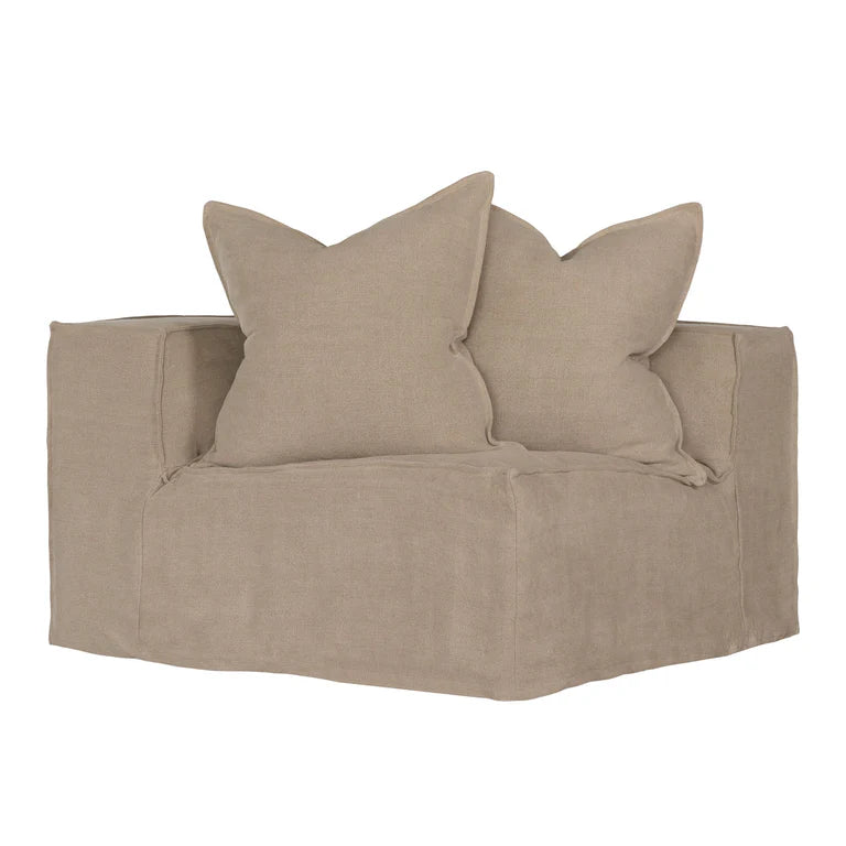Hendrix Sofa corner section in oatmeal, with feather cushioning and removable slipcover, timber frame modern coastal sofa with scatter cushions, available in multiple colours.