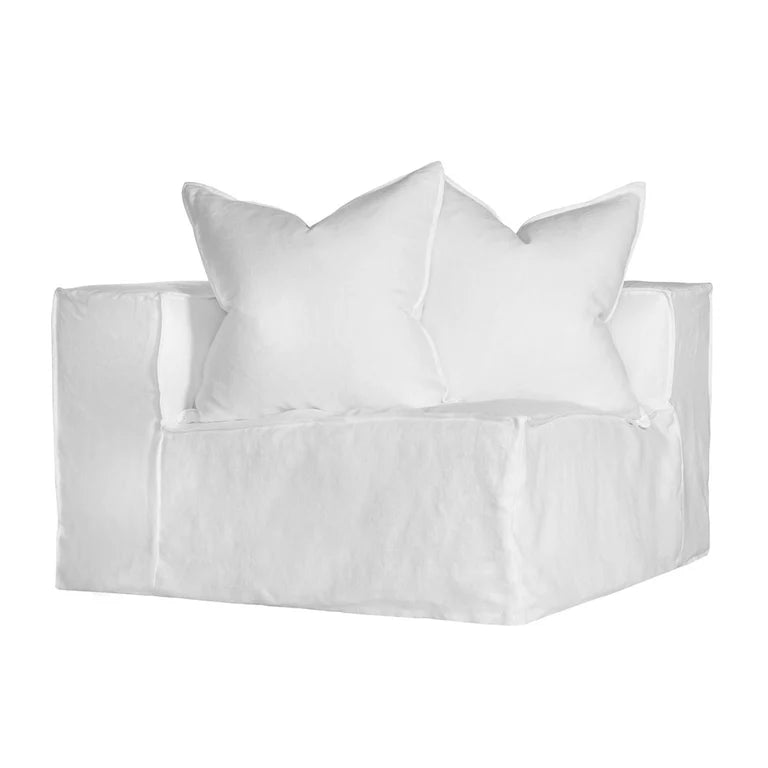 Hendrix Sofa corner section in white, with feather cushioning and removable slipcover, timber frame modern coastal sofa with scatter cushions, available in multiple colours.
