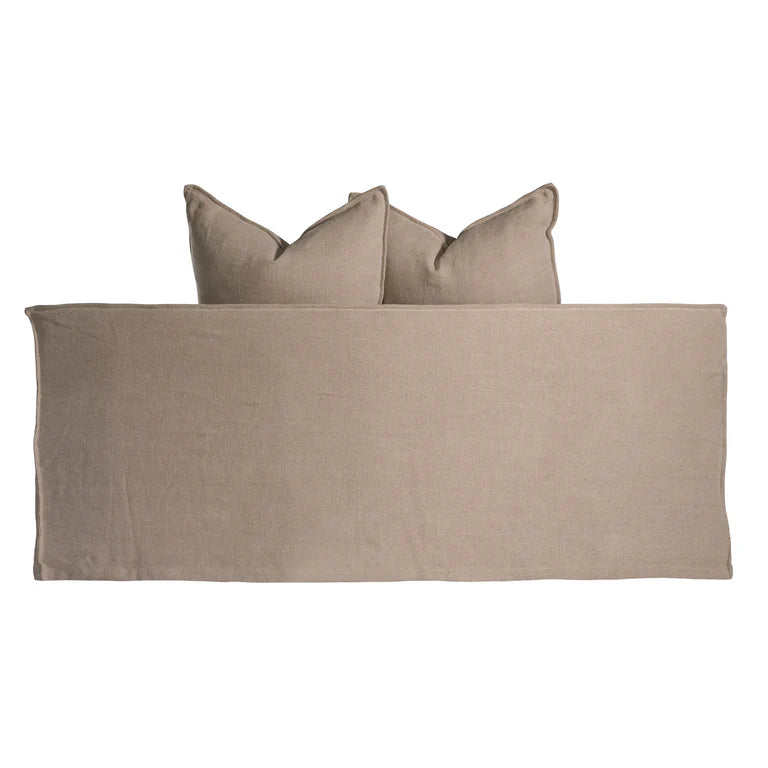 Uniqwa Hendrix Modular Sofa with curve section, with feather cushioning and removable slipcover, timber frame modern coastal sofa with scatter cushions, available in multiple colours. Back of curve section.