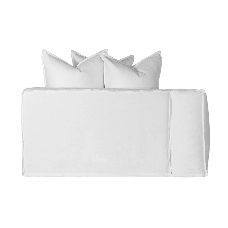 Hendrix Sofa one seater with left hand arm in white, with feather cushioning and removable slipcover, timber frame modern coastal sofa with scatter cushions, available in multiple colours. Back facing.