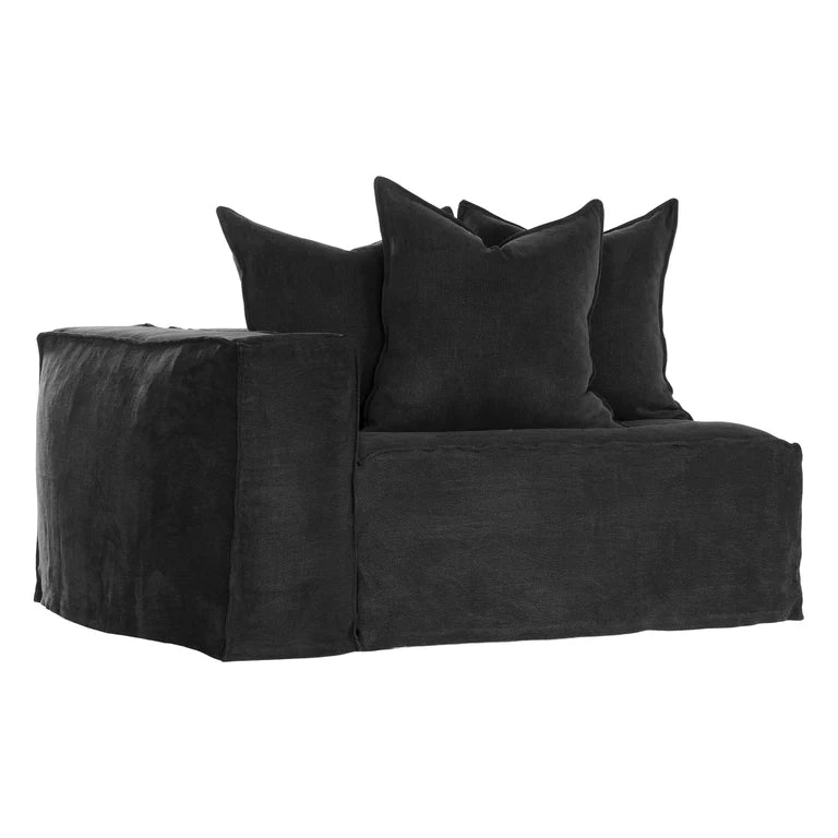 Hendrix Sofa one seater with left hand arm in black, with feather cushioning and removable slipcover, timber frame modern coastal sofa with scatter cushions, available in multiple colours.