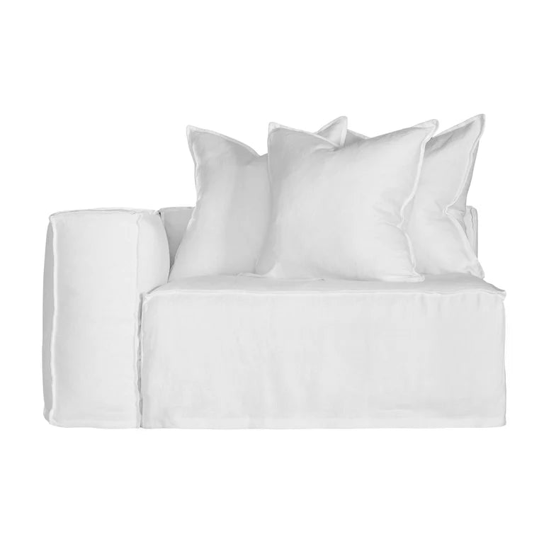 Hendrix Sofa one seater with left hand arm in white, with feather cushioning and removable slipcover, timber frame modern coastal sofa with scatter cushions, available in multiple colours. Front facing.