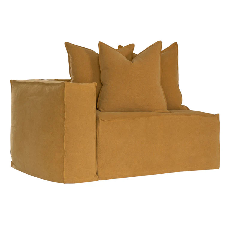 Hendrix Sofa one seater with left hand arm in ochre, with feather cushioning and removable slipcover, timber frame modern coastal sofa with scatter cushions, available in multiple colours.