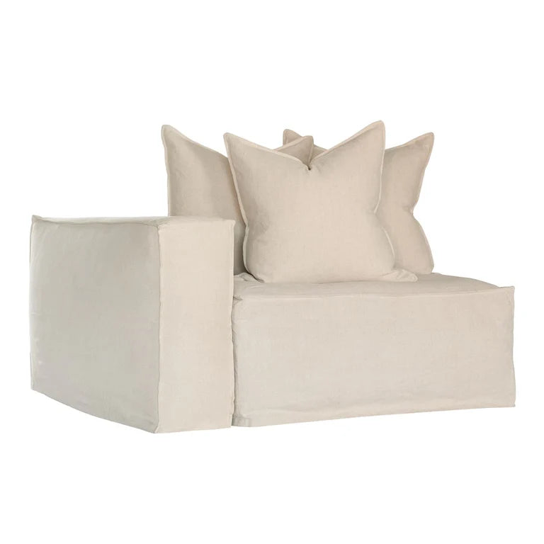 Hendrix Sofa one seater with left hand arm in sand, with feather cushioning and removable slipcover, timber frame modern coastal sofa with scatter cushions, available in multiple colours.