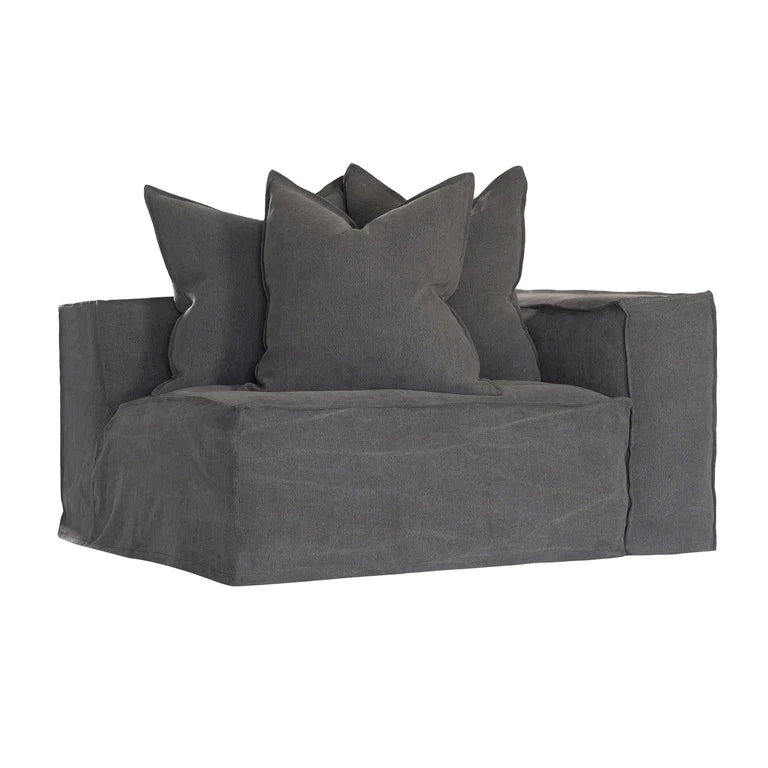 Hendrix Sofa one seater with right hand arm in charcoal, with feather cushioning and removable slipcover, timber frame modern coastal sofa with scatter cushions, available in multiple colours.