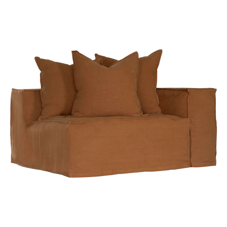 Hendrix Sofa one seater with right hand arm in clay, with feather cushioning and removable slipcover, timber frame modern coastal sofa with scatter cushions, available in multiple colours.