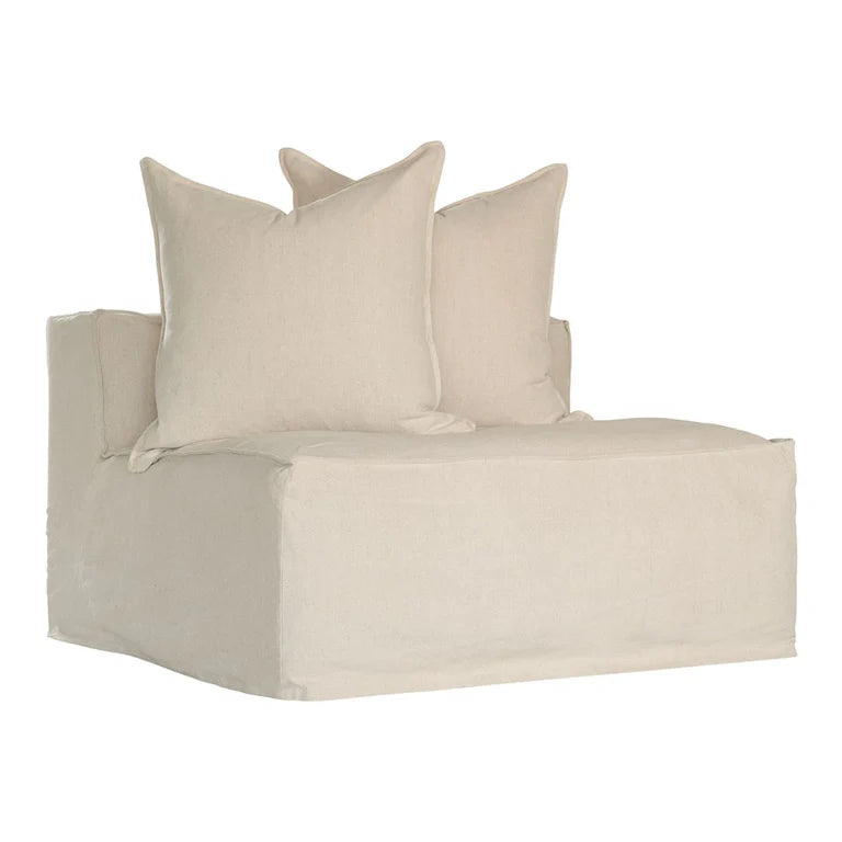 Uniqwa Hendrix Single Seat Sofa in sand with feather cushioning and removable slipcover, timber frame modern coastal sofa with scatter cushions, available in multiple colours.