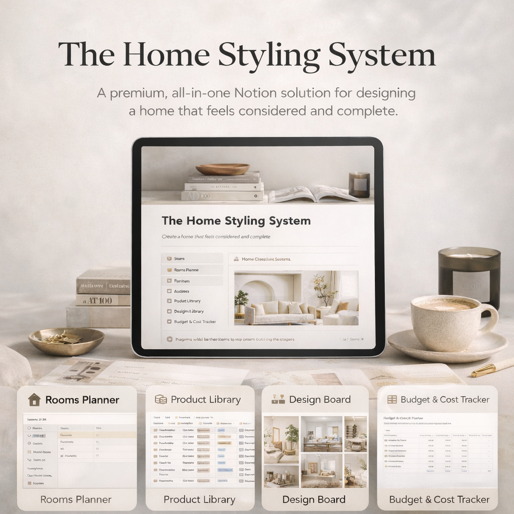 Home styling dashboard Notion system displayed on tablet with rooms planner, product library, design board and budget tracker for organising interior projects