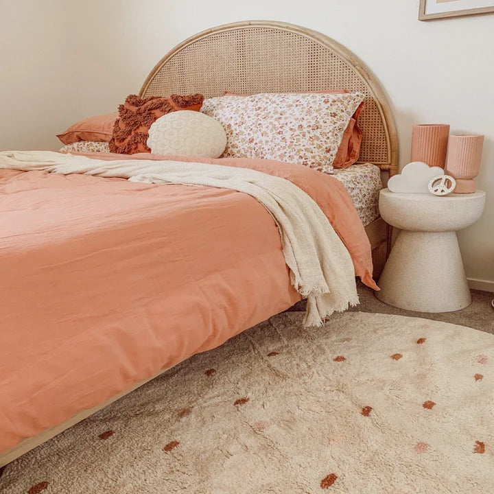 Gorgeous Round Rug for children's bedroom of play room in natural with pink and toffy dots, Magnolia Lane 1
