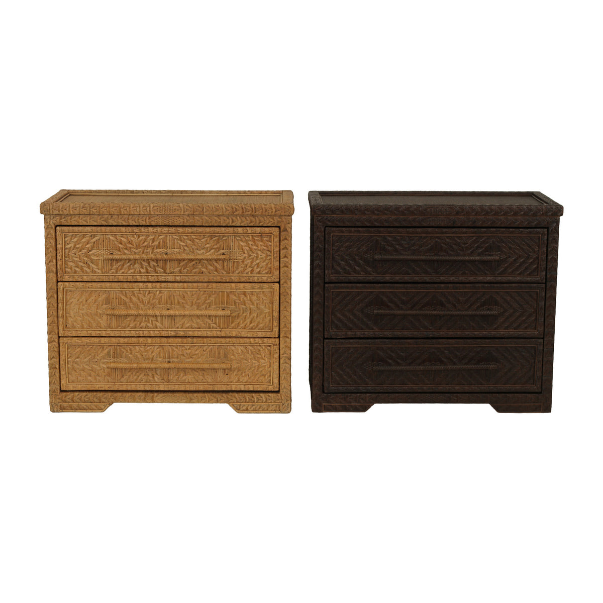 Isola three drawer rattan chest, front comparison of Natural Brown Wash on the left and Colonial Brown on the right