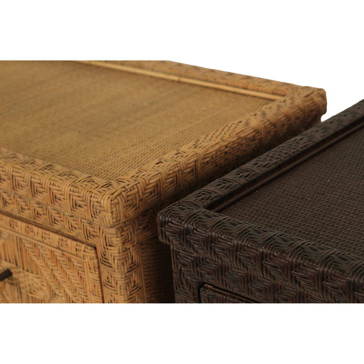 Isola three drawer rattan chest, top detail comparing Natural Brown Wash on the left and Colonial Brown on the right