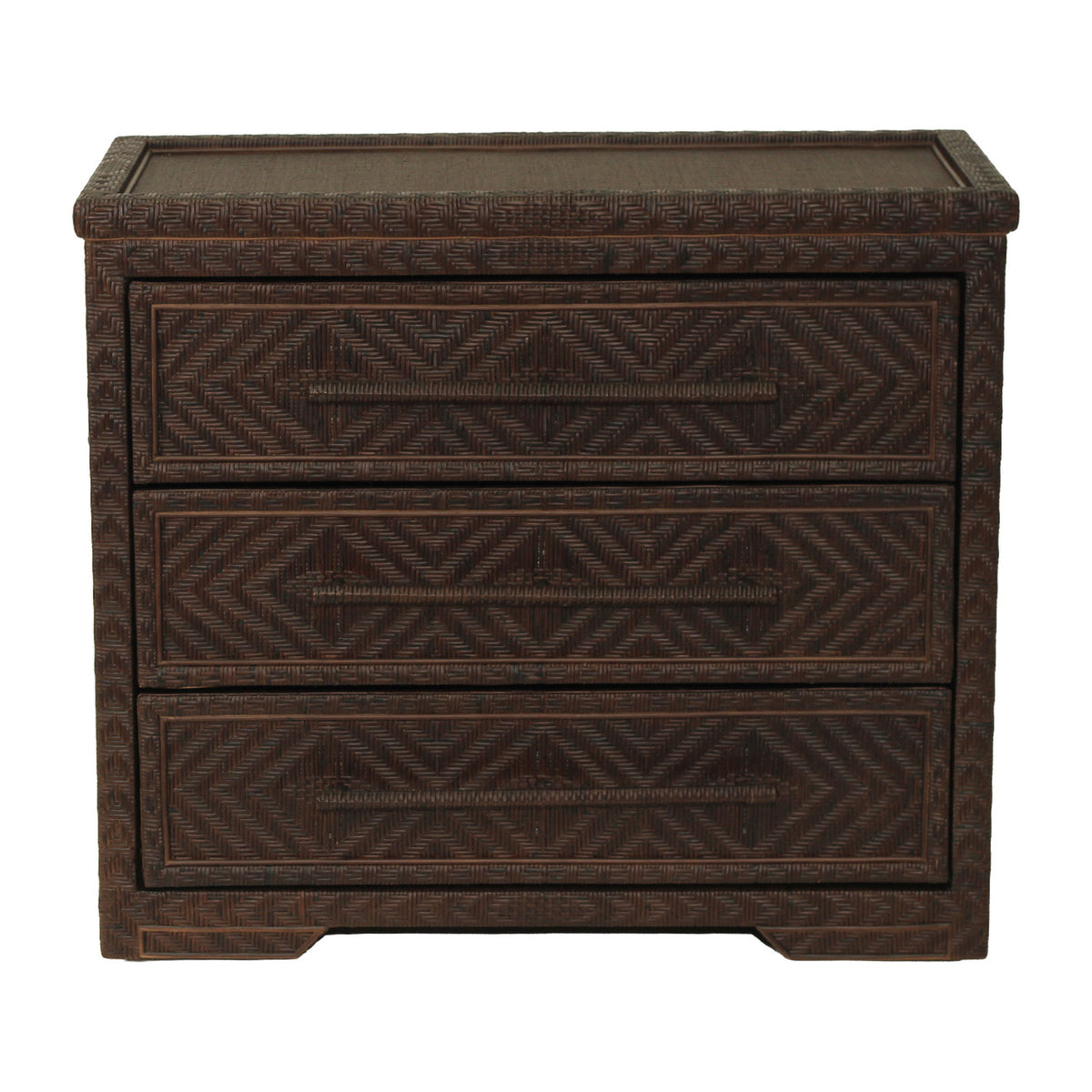 Isola three drawer rattan chest in Colonial Brown, front view showing the top