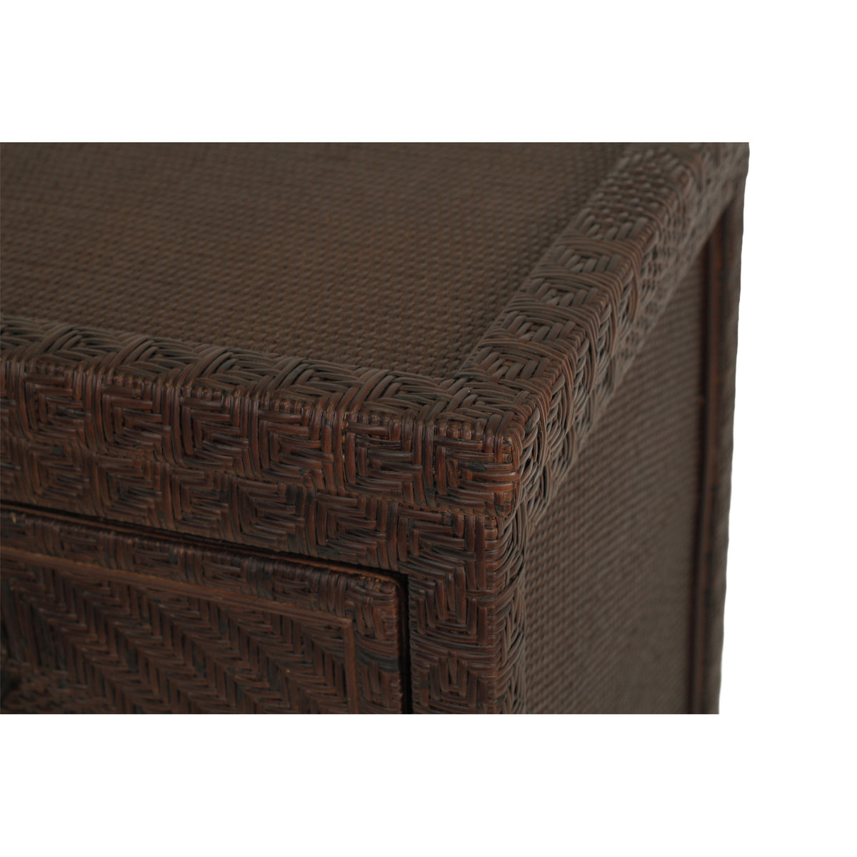 Isola three drawer rattan chest in Colonial Brown, woven rattan top and corner detail