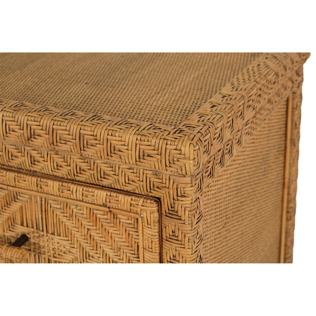 Isola three drawer rattan chest in Natural Brown Wash, woven rattan top and corner detail