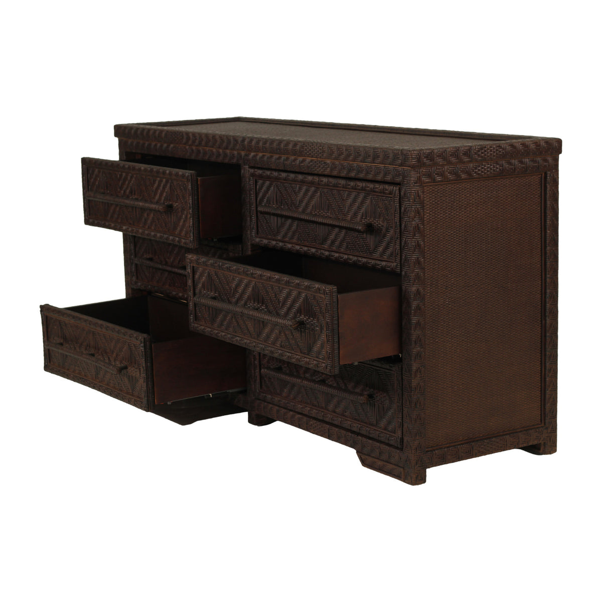 Isola six drawer rattan chest in Colonial Brown, angled view with drawers open