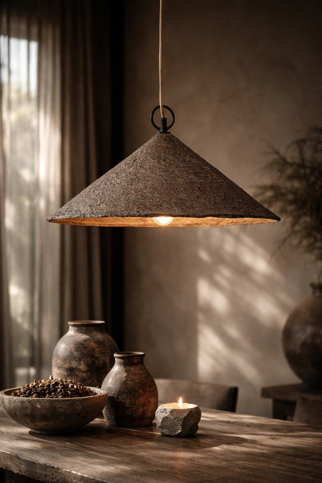 Khufu Pendant Large in Dark Roast suspended above a dining table, creating a warm ambient glow in a organic modern interior.