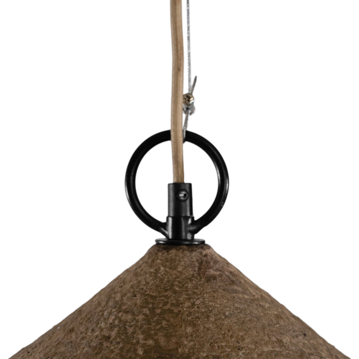 Khufu Pendant Large ceiling light suspended from wire fitting, featuring a handcrafted organic form and richly layered Dark Roast finish.