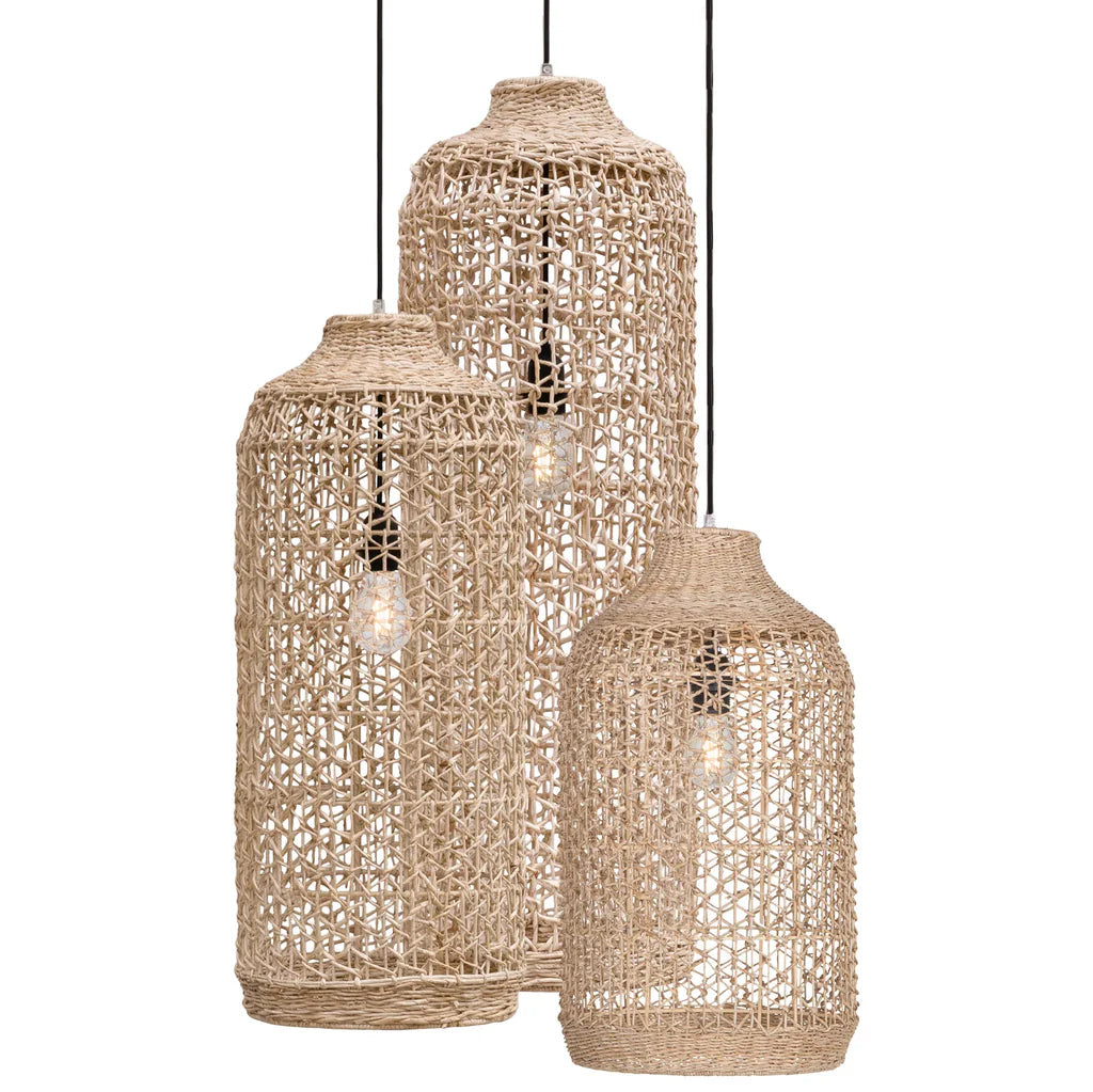 Lili Pendant Light Tall collection by Uniqwa Collections featuring Tall, X-Tall and XL Tall woven banana fibre pendants styled together to create a layered lighting feature.