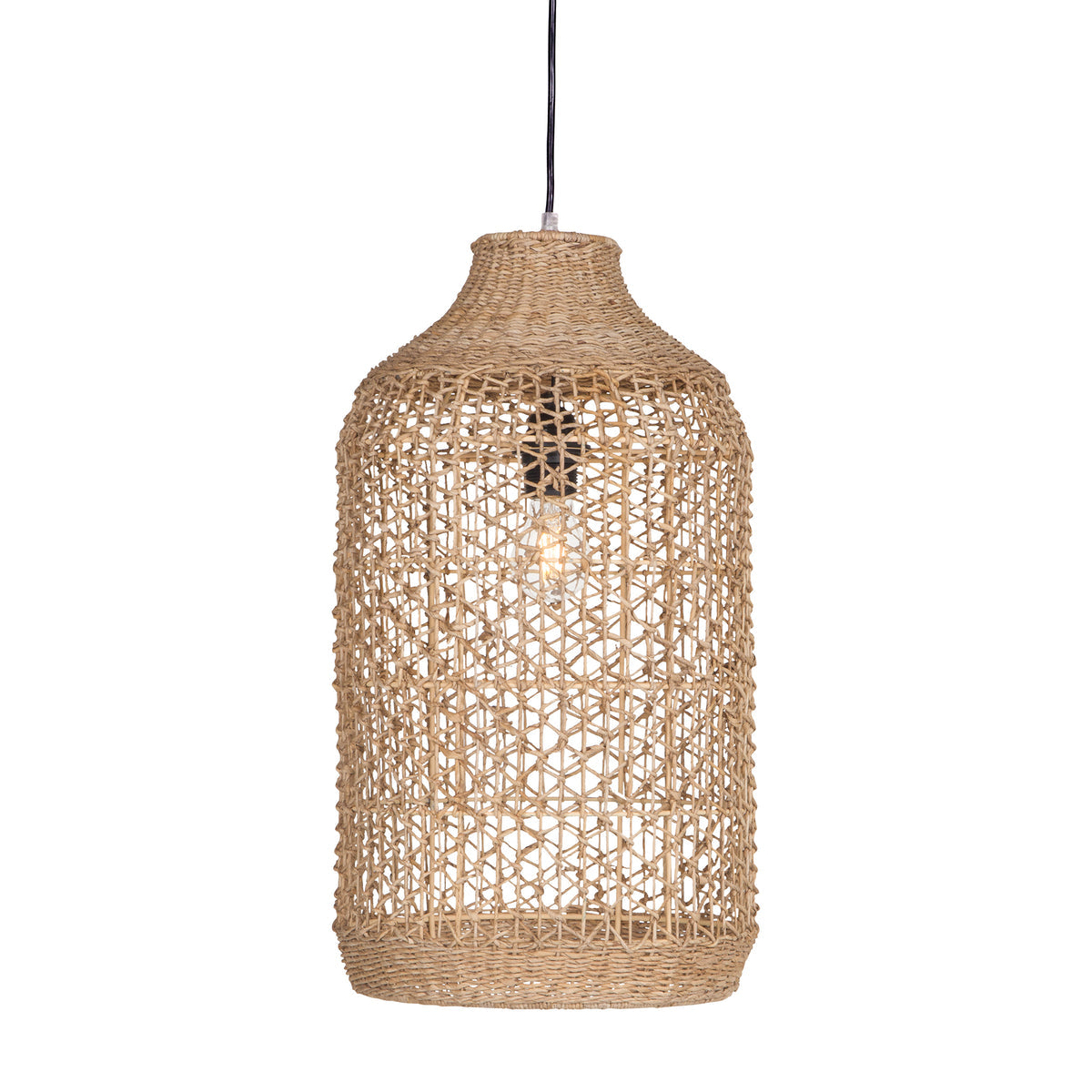 Lili Pendant Light Tall 55cm by Uniqwa Collections handcrafted from natural banana leaf fibres over an iron frame, woven pendant lighting for coastal and contemporary Australian interiors.