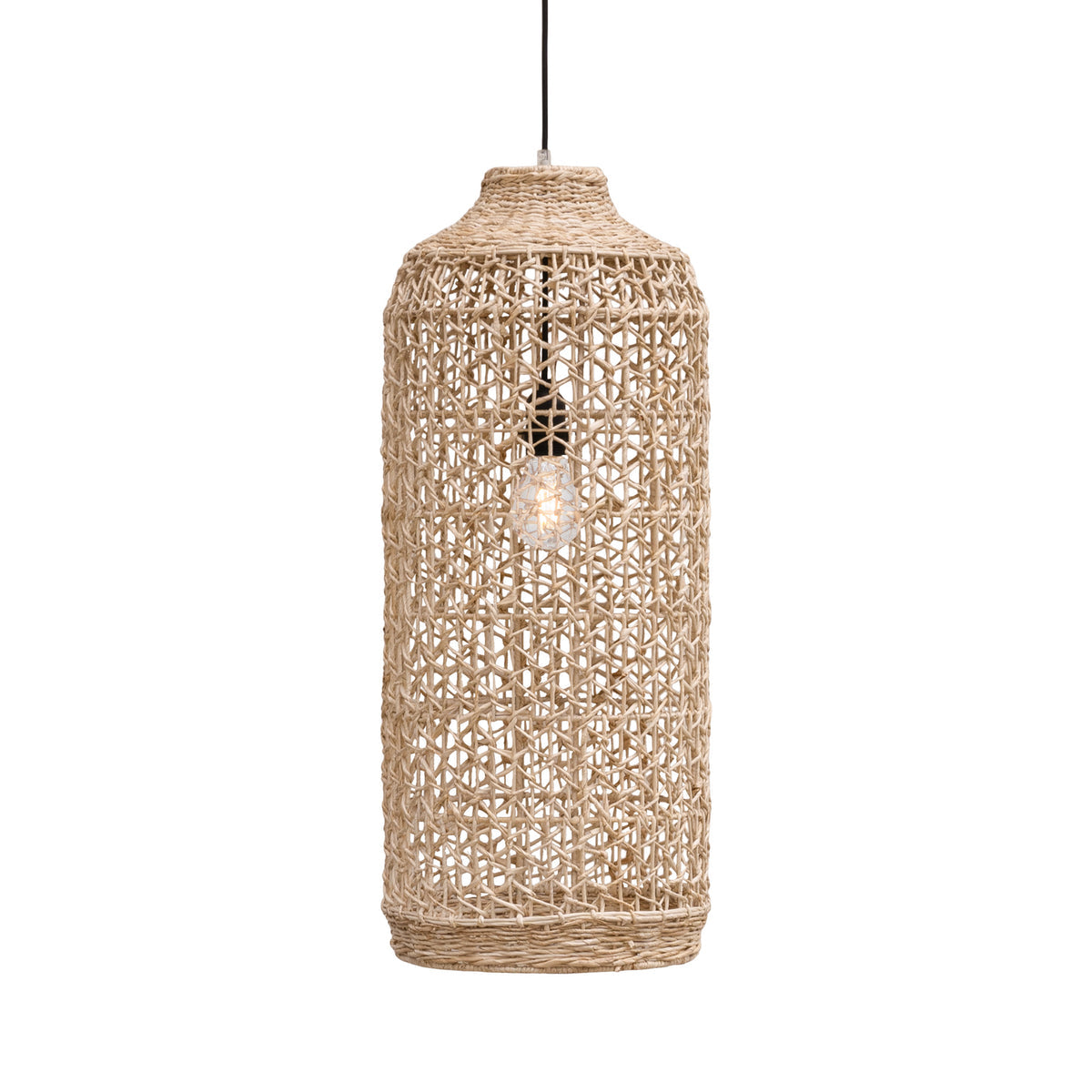 Lili Pendant Light Tall 73cm by Uniqwa Collections handcrafted from natural banana leaf fibres over an iron frame, woven pendant lighting for coastal and contemporary Australian interiors.