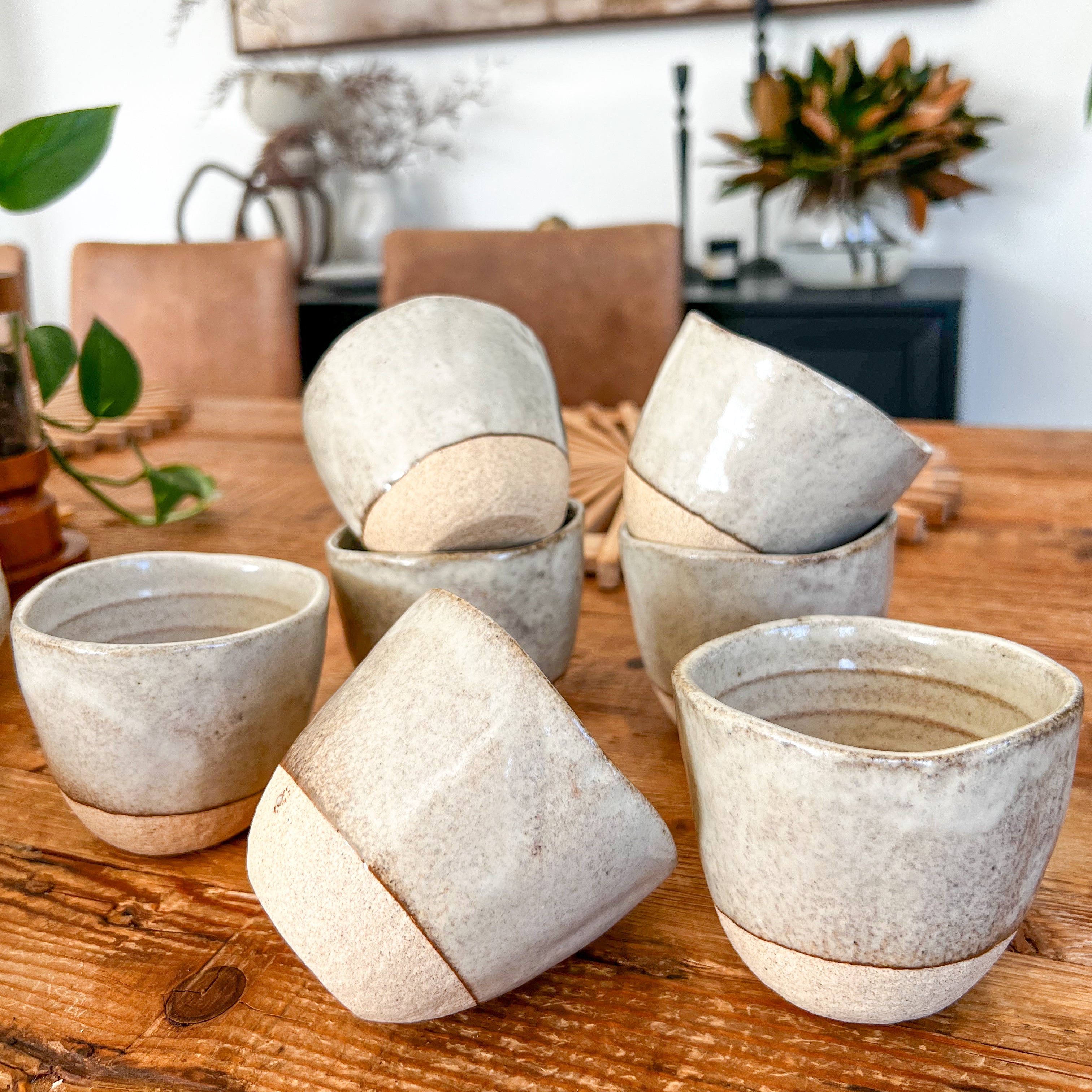 Set of two lopsided tea mugs in fawn, handcrafted Japanese ceramic stoneware from Villa Style 1