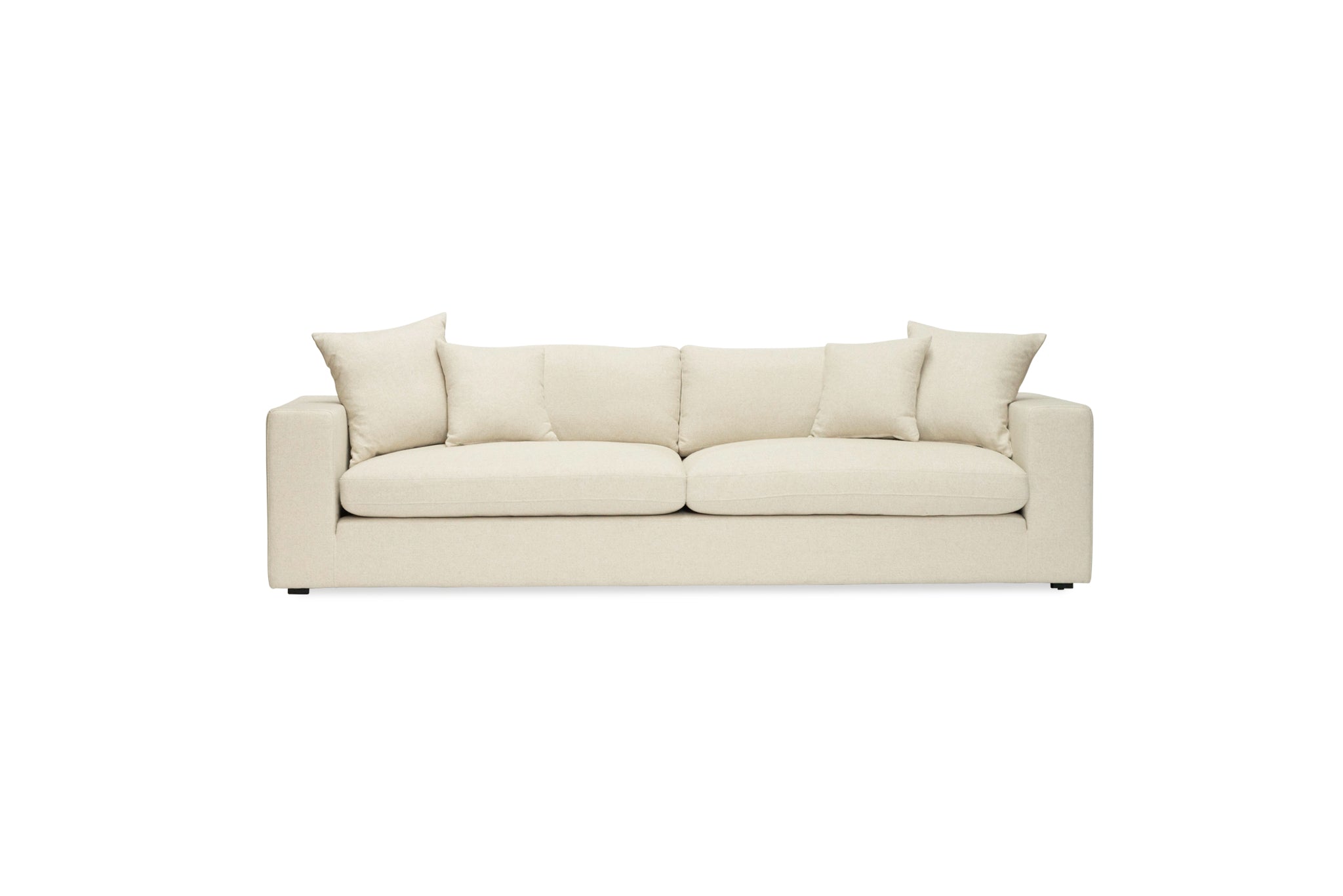 Lucca Four Seater Sofa in performance linen blend upholstery in Dune, refined design, available in boucle oatmeal or saddle leather. Front perspective.