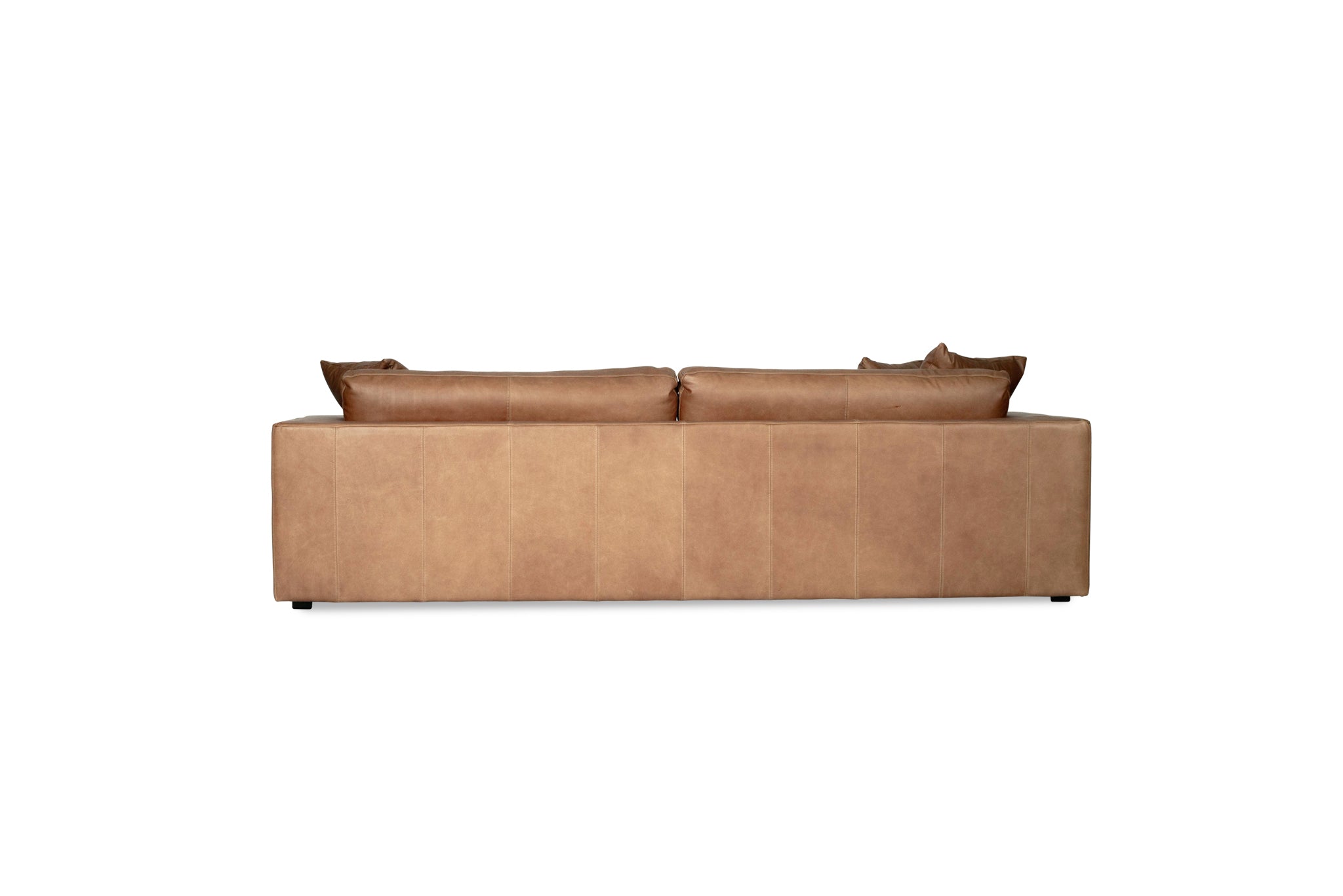 Lucca Four Seater Sofa in trend saddle tan leather with sleek, sophisticated design. Back perspective.